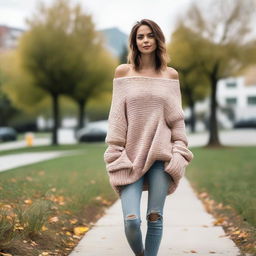 A woman wearing an oversized off-shoulder sweater with sleeves that drag on the ground