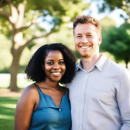 A black woman and a white man standing together, smiling and looking at the camera