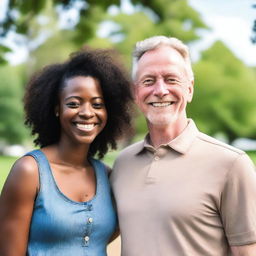 A black woman and a white man standing together, smiling and looking at the camera