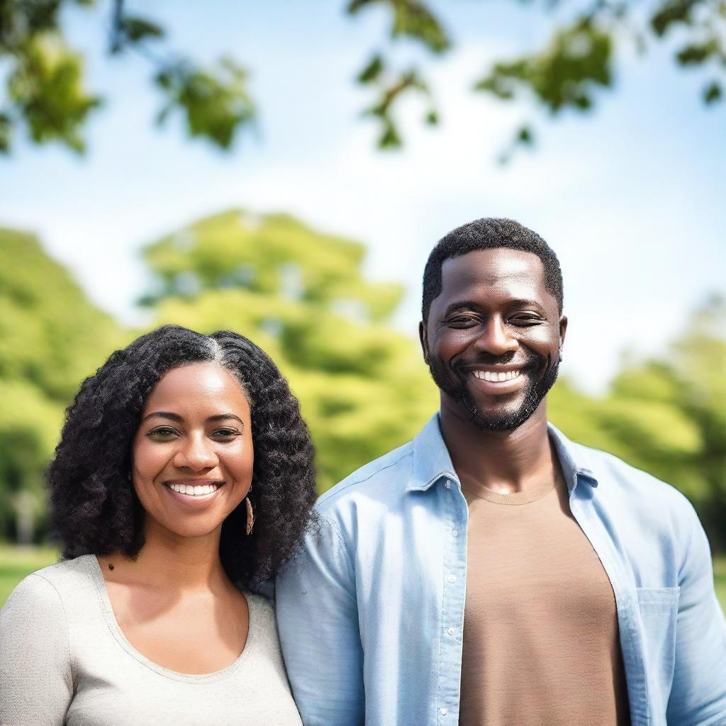 A black woman and a white man standing together, smiling and looking at the camera