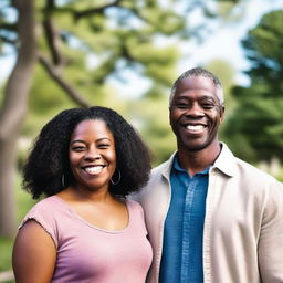 A black woman and a white man standing together, smiling and looking at the camera