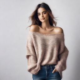 A woman wearing an oversized off-shoulder sweater with sleeves that are extremely long, almost reaching the ground