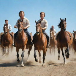 Matthew McConaughey running alongside a group of majestic horses under a clear blue sky.