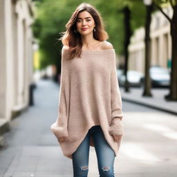 A woman wearing an oversized off-shoulder sweater with sleeves that are extremely long, almost reaching the ground