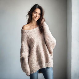 A woman wearing an oversized off-shoulder sweater with sleeves that are extremely long, almost reaching the ground