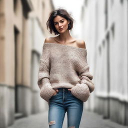 A woman wearing an oversized off-shoulder sweater with sleeves that are extremely long and wide, almost reaching the ground