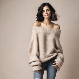 A woman wearing an oversized off-shoulder sweater with sleeves that are extremely long and wide, almost reaching the ground