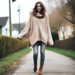 A woman wearing an oversized sweater with sleeves that are extremely long and wide, almost reaching the ground