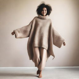 A woman wearing an oversized sweater with sleeves that are extremely long and wide, almost reaching the ground