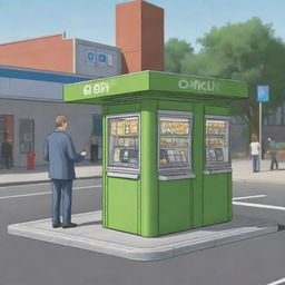 A cartoon-style image depicting two hop kiosks each manned by two men, and each kiosk has a box.