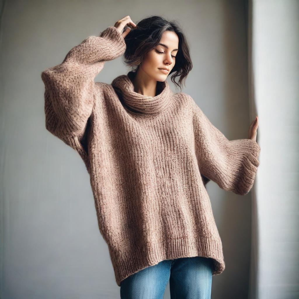 A woman wearing an oversized sweater with sleeves that are extremely long and wide, almost reaching the ground