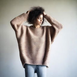 A woman wearing an oversized sweater with sleeves that are extremely long and wide, almost reaching the ground