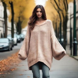 A woman wearing an oversized sweater with sleeves that are extremely long and wide, almost reaching the ground