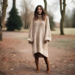 A woman wearing an oversized sweater dress with sleeves that are extremely long and wide, almost reaching the ground