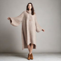 A woman wearing an oversized sweater dress with sleeves that are extremely long and wide, almost reaching the ground