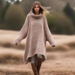 A woman wearing an oversized sweater dress with sleeves that are extremely long and wide, almost reaching the ground