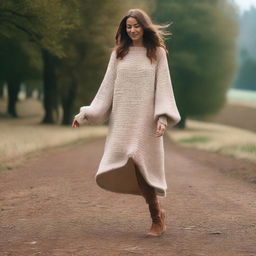 A woman wearing an oversized sweater dress with sleeves that are extremely long and wide, almost reaching the ground