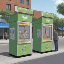 A cartoon-style image depicting two hop kiosks each manned by two men, and each kiosk has a box.