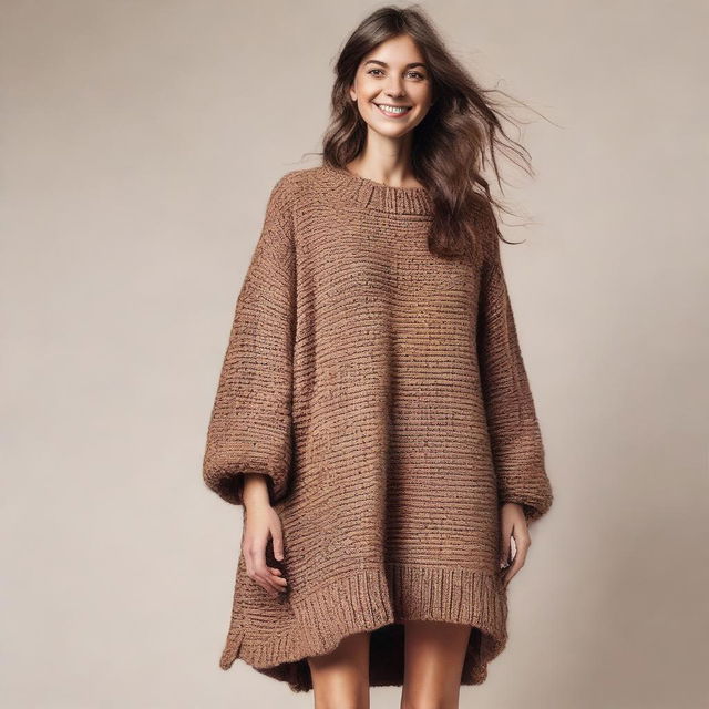 A woman wearing an oversized sweater dress with sleeves that are extremely long and wide, almost reaching the ground