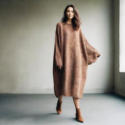 A woman wearing an oversized sweater dress with sleeves that are extremely long and wide, almost reaching the ground