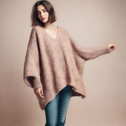 A woman wearing an oversized sweater with sleeves that are extremely long and wide, almost reaching the ground