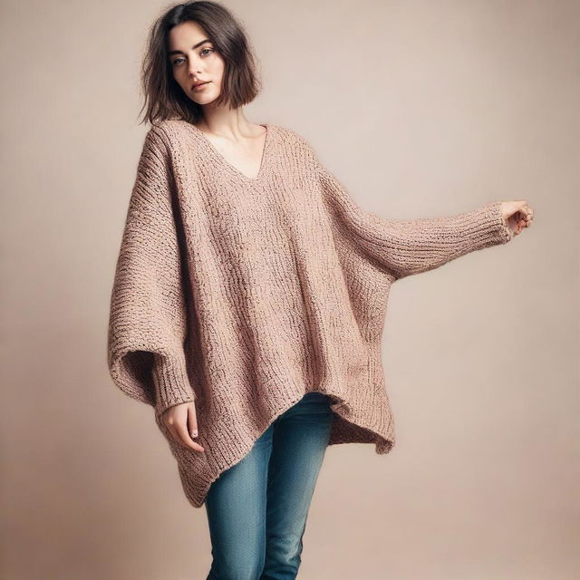 A woman wearing an oversized sweater with sleeves that are extremely long and wide, almost reaching the ground