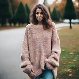 A woman wearing an oversized sweater with sleeves that are extremely long and wide, almost reaching the ground