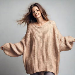 A woman wearing an oversized sweater with sleeves that are extremely long and wide, almost reaching the ground