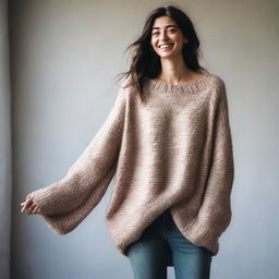 A woman wearing an oversized sweater with sleeves that are extremely long and wide, almost reaching the ground