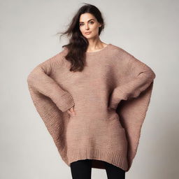 A woman wearing an oversized batwing sweater with sleeves that are extremely long and wide, almost reaching the ground