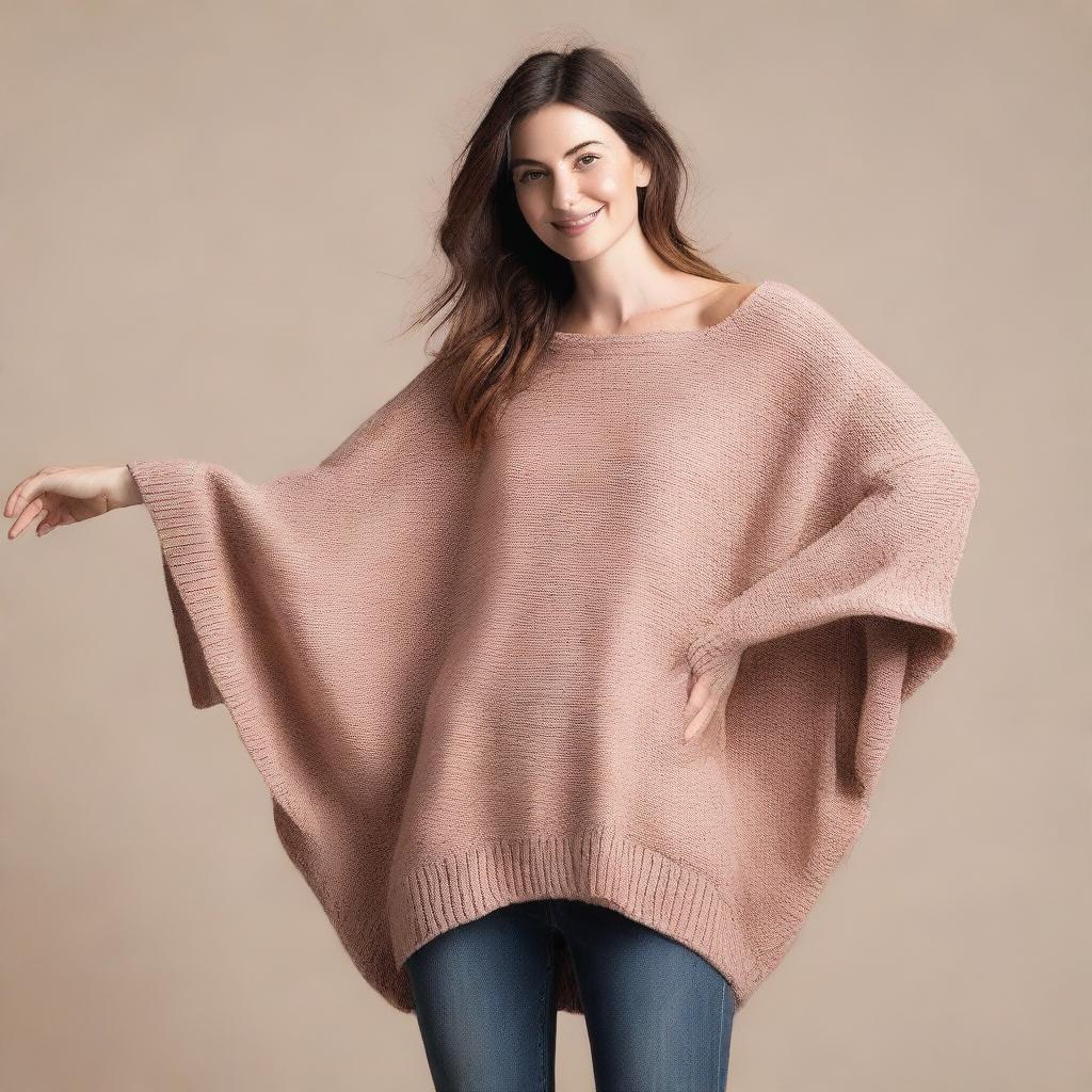 A woman wearing an oversized batwing sweater with sleeves that are extremely long and wide, almost reaching the ground