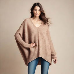 A woman wearing an oversized batwing sweater with sleeves that are extremely long and wide, almost reaching the ground