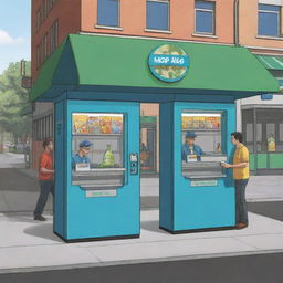 A cartoon-style image depicting two hop kiosks each manned by two men, and each kiosk has a box.