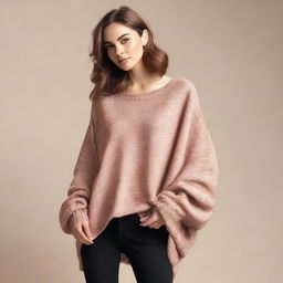 A woman wearing an oversized batwing sweater with sleeves that are extremely wide, creating a dramatic and flowing appearance