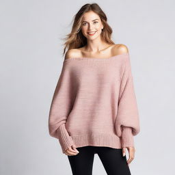 A woman wearing an oversized off-shoulder batwing sweater