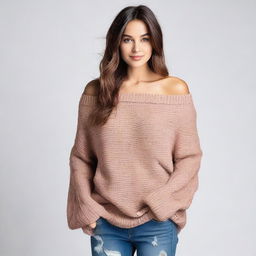 A woman wearing an oversized off-shoulder batwing sweater