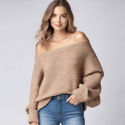 A woman wearing an oversized off-shoulder batwing sweater