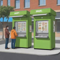 A cartoon-style image depicting two hop kiosks each manned by two men, and each kiosk has a box.