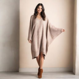 A woman wearing an oversized batwing sweater dress