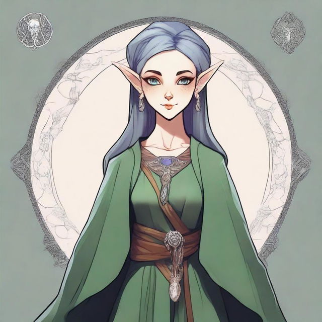 Create a character token inspired by the provided drawing of a person from the witch series, but with pointed ears like an elf