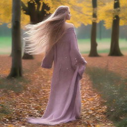 A woman with Rapunzel-length hair wearing an oversized sweater dress with extremely long sleeves that drag on the ground