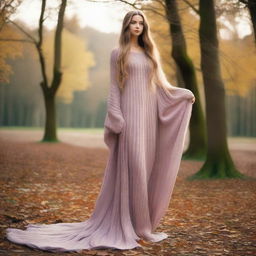 A woman with Rapunzel-length hair wearing an oversized sweater dress with extremely long sleeves that drag on the ground