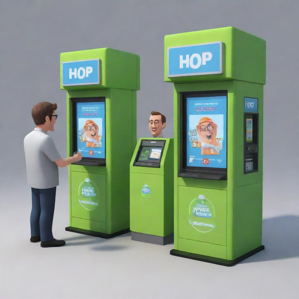 A 3D cartoon-style image with two hop kiosks each staffed by two men, and every kiosk has a box.