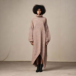 A woman wearing an oversized sweater dress with extremely long sleeves that drag on the ground