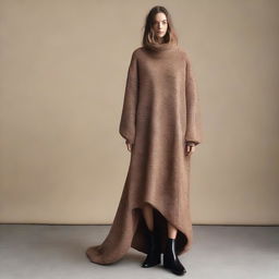 A woman wearing an oversized sweater dress with extremely long sleeves that drag on the ground