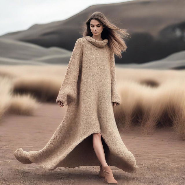 A woman wearing an oversized sweater dress with extremely long sleeves that drag on the ground