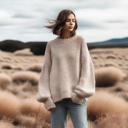 A woman wearing an oversized sweater with extremely long sleeves that drag on the ground