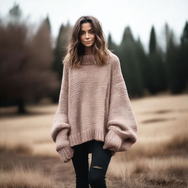 A woman wearing an oversized sweater with extremely long sleeves that drag on the ground