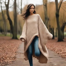 A woman wearing an oversized sweater with extremely long flowing sleeves that drag on the ground