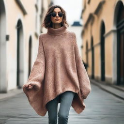 A woman wearing an oversized sweater with extremely long flowing sleeves that drag on the ground